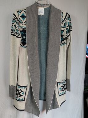 Cream Aztec Open-Front Cardigan Cozy Great For Layering Coastal
